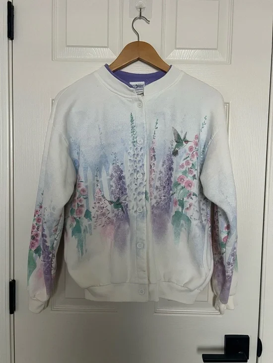 Vintage White Floral Hummingbird Button-Up Sweatshirt Sz M 80% Cotton - Picture 2 of 7